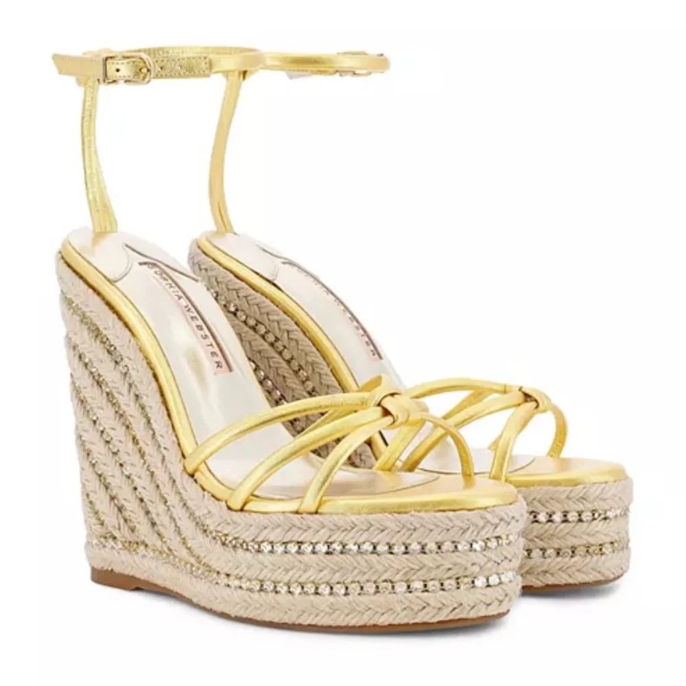 NWB Sophia Webster Alina Gold Espadrille Open Wedge Platform Heel Shoes Crystal - Picture 1 of 10